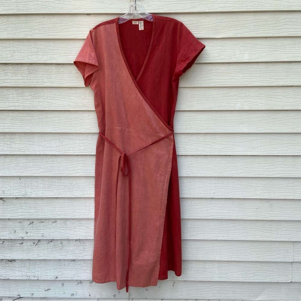 Pink Brick Red Color Block Midi Reversible Font Wrap Dress with V-Neck
